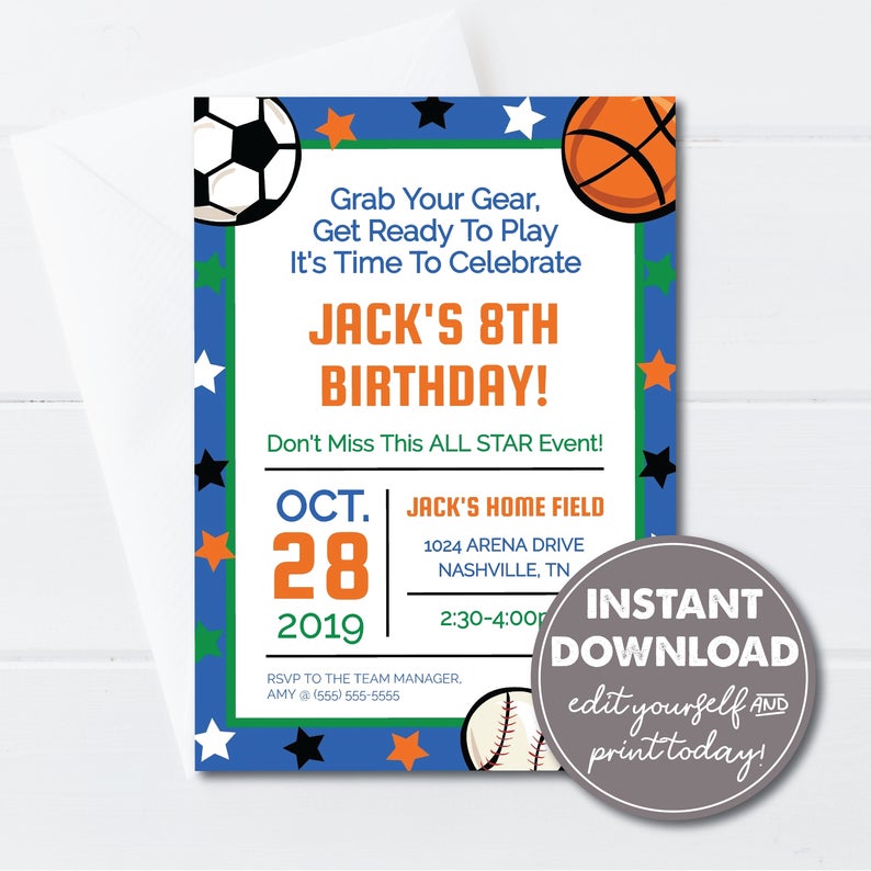 Editable Sports Birthday Invitation Template, INSTANT DOWNLOAD, Easily Edit, Download and Print Today!