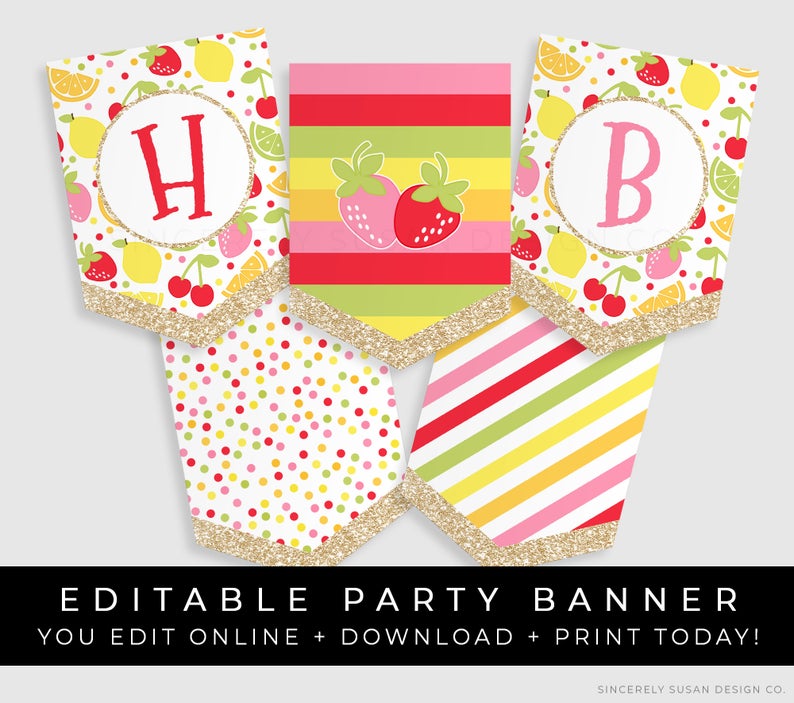 Tutti Frutti Birthday Banner Printable Strawberry Fruit Party Decorations Confetti Bunting Editable Template Instant Download Corjl #076