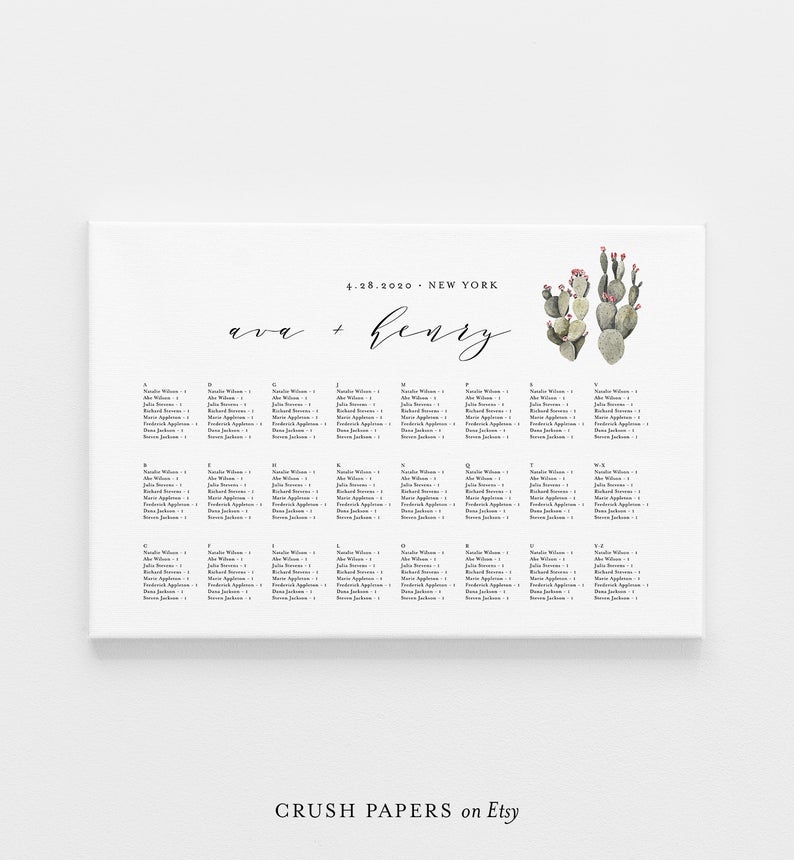 Cactus Seating Chart Poster Template, Alphabetic / Table No. Order, Editable, INSTANT DOWNLOAD, Minimalist Wedding Seating Plan #012-206SC