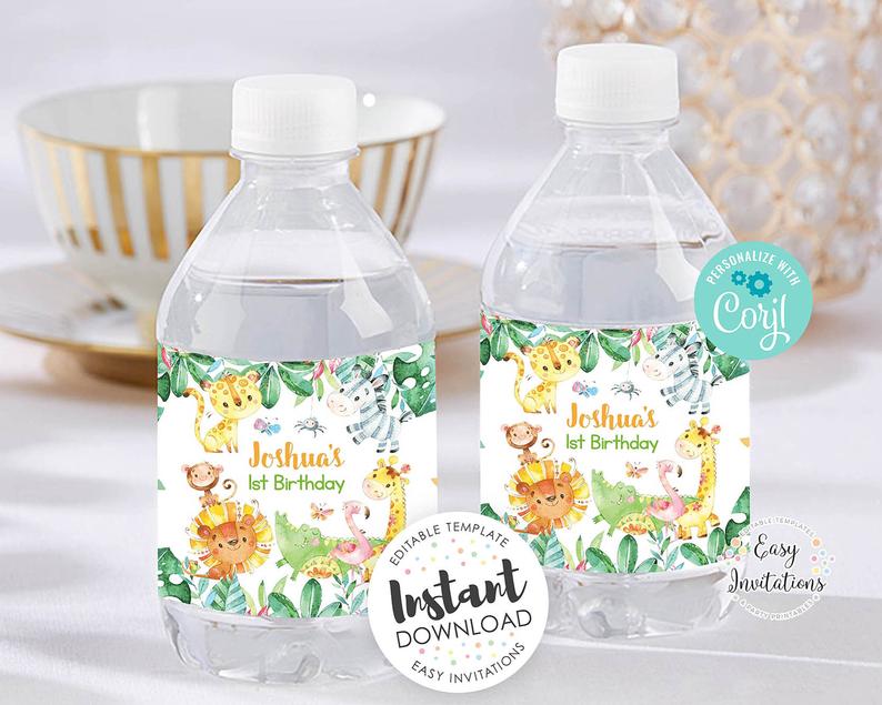 Jungle Water Bottle label, Jungle Bottle Label, jungle party, safari water bottle label, editable water bottle label, jungle party, wrapper