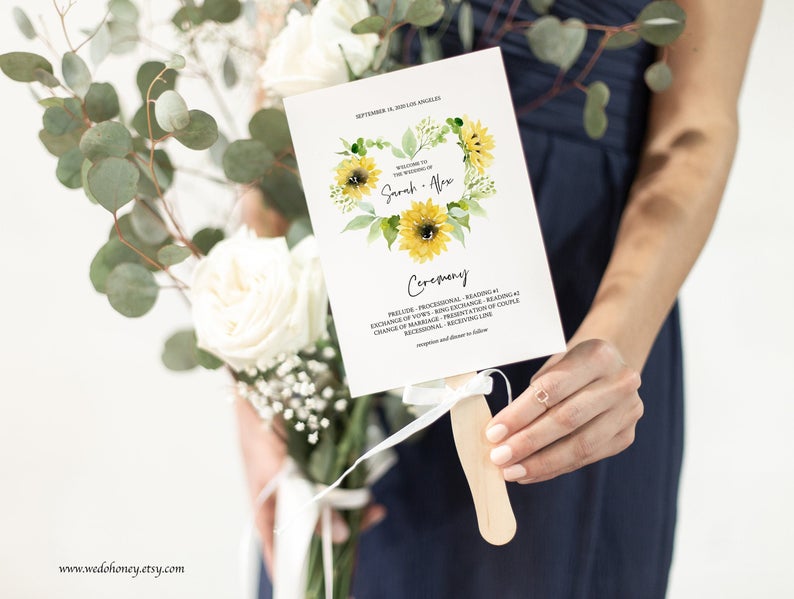 Printable Fan Program, Sunflower Wedding Programs Template, Heart Florals, Rustic Boho #00101_9