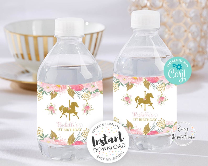 Carousel water bottle label, carousel birthday, Carousel party, editable Water Bottle labels, pink and gold water bottle labels, instant