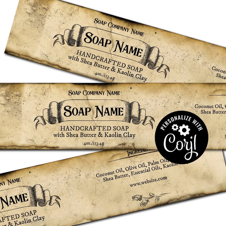 Antique Paper Soap Label. Horizontal Packaging Cigar Band for Soap. Customize, Personalize with Corjl online. Download and Print.