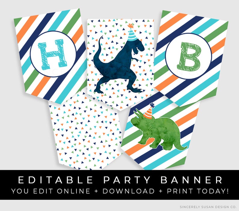 Dinosaur Birthday Banner Boy T-Rex Dino Printable Dinosaur Party Decorations Confetti Bunting Editable Template Instant Download Corjl #047