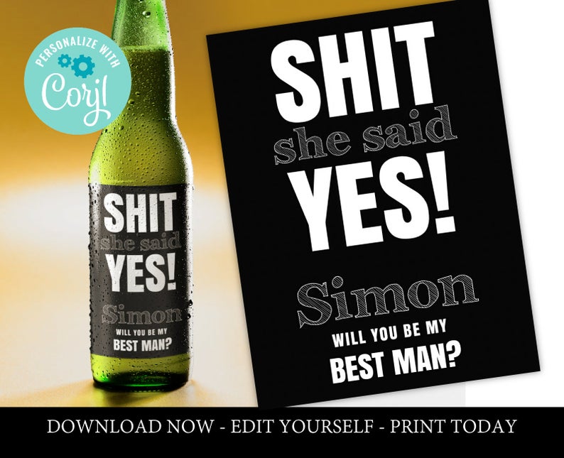 best man beer bottle label template printable funny usher proposal instant download black white groomsman editable corjl shit she said yes
