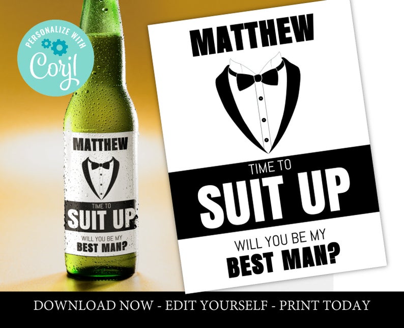 best man beer bottle label template printable time to suit up funny usher proposal instant download black white groomsman editable corjl