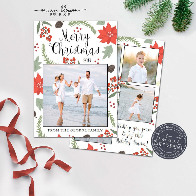 Photo Christmas Card, Personalized Holiday Card, Poinsettia, Holly, Branches, Christmas Floral, Digital or Printed, Instant Edit & Download