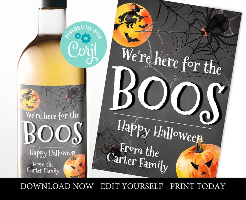 custom halloween wine bottle label template we’re here for the boos wine label printable edit at home with corjl editable instant download