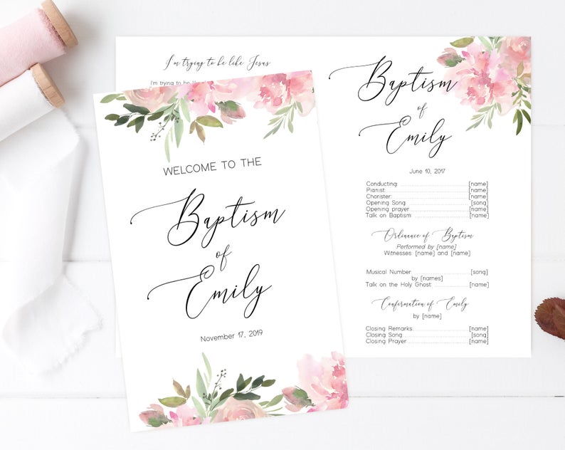 Editable LDS Baptism Program Template, Printable Baptism Program, LDS girl baptism, lds baptism, DIY, Editable Template Floral, Corjl, PK01