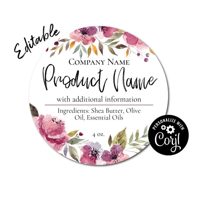 Floral Watercolor Round Label. Edit Customizable Packaging Personalize w/ Corjl online. Download & Print Jars Candles Soap Favors Food Gifts
