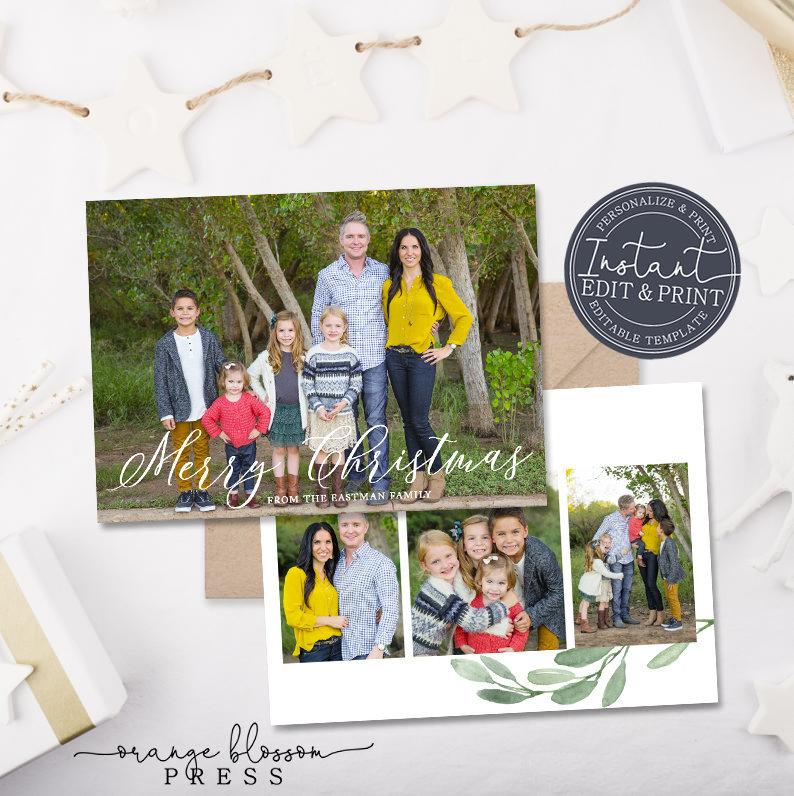 Photo Christmas Card, Watercolor Holiday Card, White, Branches, Full Photo, Printable Digital Download or Printed, Instant Edit & Download
