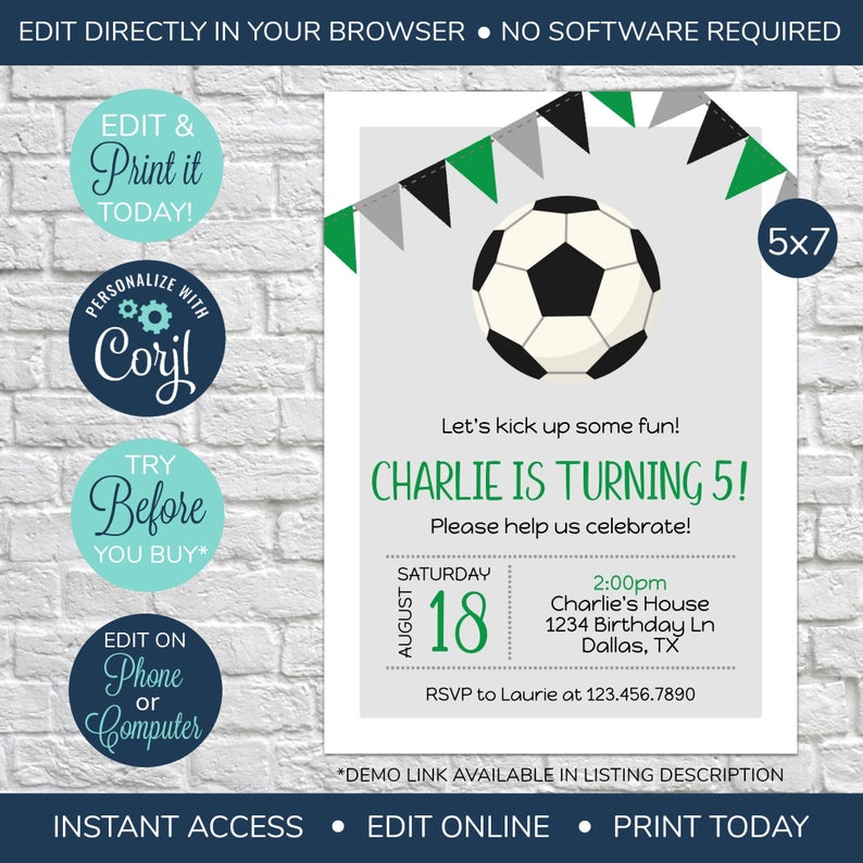 EDITABLE Soccer birthday invitation, boys soccer birthday invitation, soccer theme, boys soccer party, soccer ball, sports party, sports