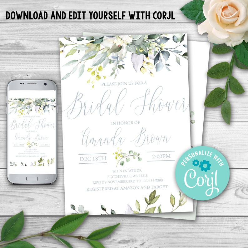 EDITABLE Greenery Foliage Bridal Shower Invitation. Eucalyptus Bridal Shower Invite. Botanical DIY Invitation. Greenery Shower Template.