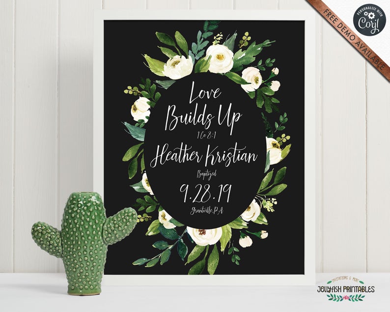 White Florla Baptism Print Template for Jehovah’s Witnesses. Personalize It Yourself. FREE Demo Link. Try It Now. CORJL | JW Baptism Gift