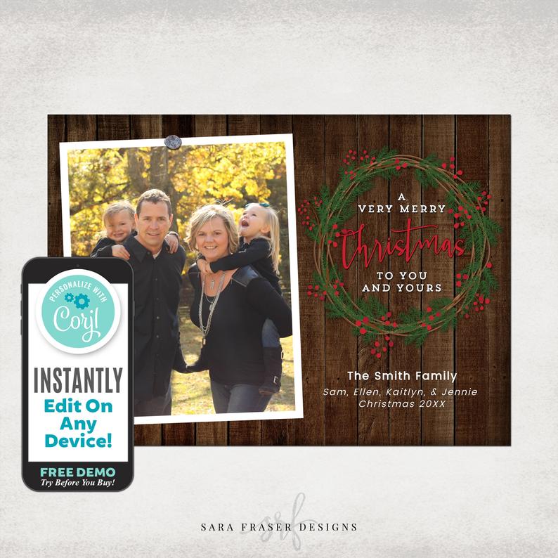 Rustic Christmas Card Template – Wood Wreath Holiday Photo Corjl Templett – 4×6 & 5×7 – Instant Download