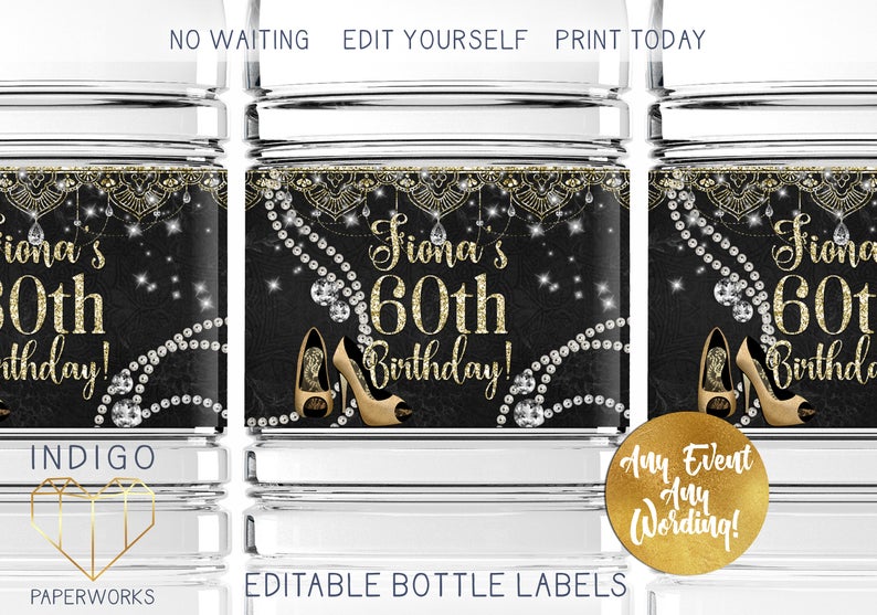 Printable Glam High Heel Water Bottle Label, Mandala Boho Gold Glitter Glitz Diamond and Pearl Luxury Womens Birthday Party DIY Avery Labels
