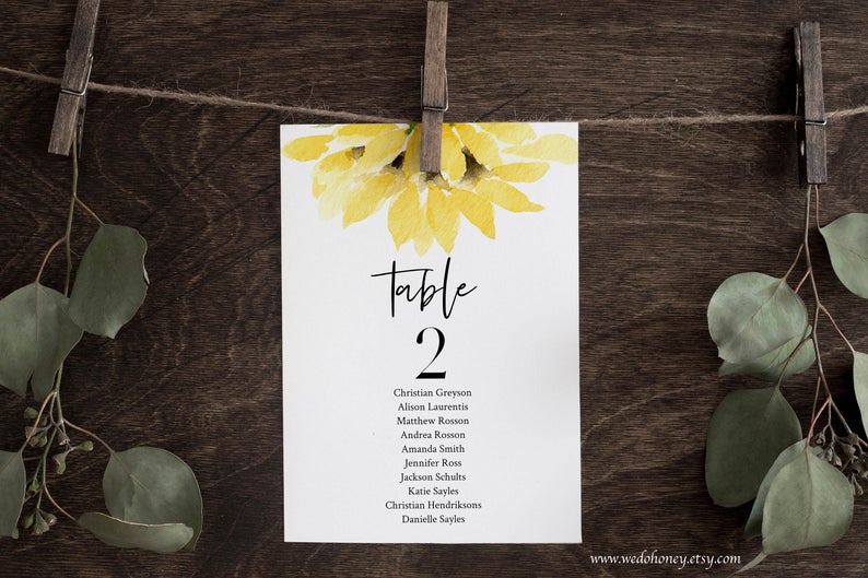 Sunflower Seating Cards Template Editable Text Instant Download