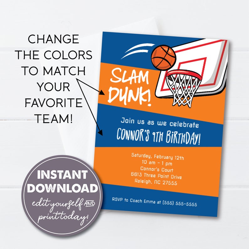 Editable Basketball Birthday Party Invitation, INSTANT DOWNLOAD, Edit, Download and Print Yourself Today!