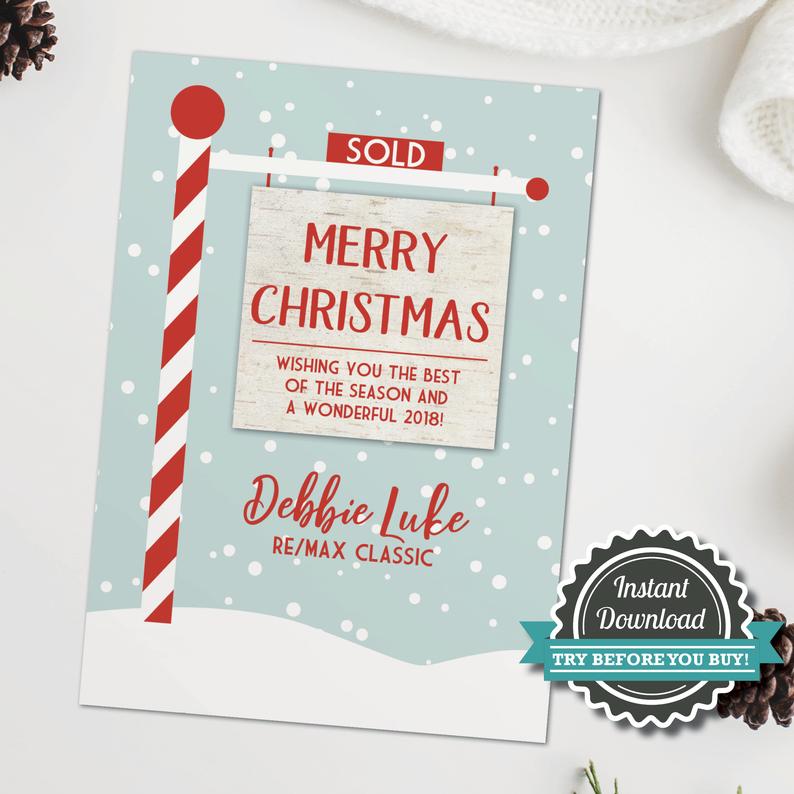 Realtor Christmas cards, Real estate Christmas cards, realtor holiday cards, real estate agent sold sign holiday card, DIY printable corjl