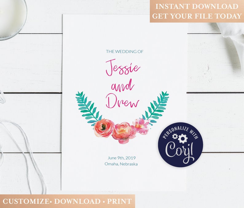 Wedding Program — Custom Printable Program, Summer Wedding, Peony Program, Pink & Green Program, Spanish, Digital Invitation Download