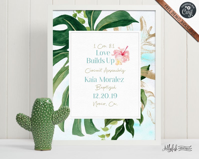 Tropical Leaves Baptism Print for Jehovah’s Witnesses. Personalize It Yourself. FREE Demo Link Below. Try It Now. It’s easy. CORJL | JW |