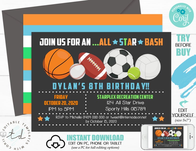 L STAR SPORTS Invitation Instant download Invitation Sport Party Printable Sport Party Invitation Editable All Star invitation Sport Party