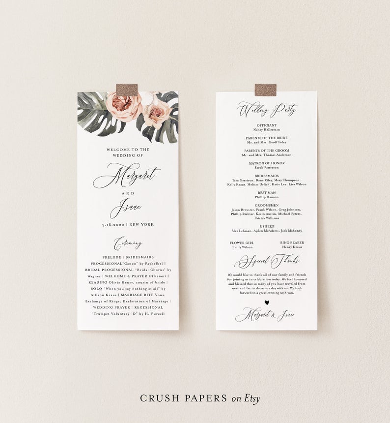 Tropical Wedding Program Template, Printable Monstera Order of Service, Beach Palm, 100% Editable Text, INSTANT DOWNLOAD, Corjl #013-209WP