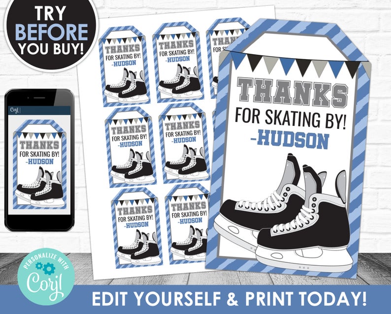 Skating Thank You Tag, Ice Skates Favor Tag, Hockey Birthday, Skating Birthday Favor Tag, Editable Favor, Corjl S0036 (PDF File only)