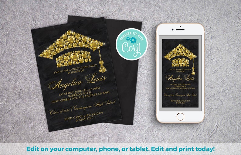 Class of 2020 | Gold Grad Invite, Graduation Template, Graduation Invites, Grad Party Invites, 2020 Invitation, Class 2020 Grad