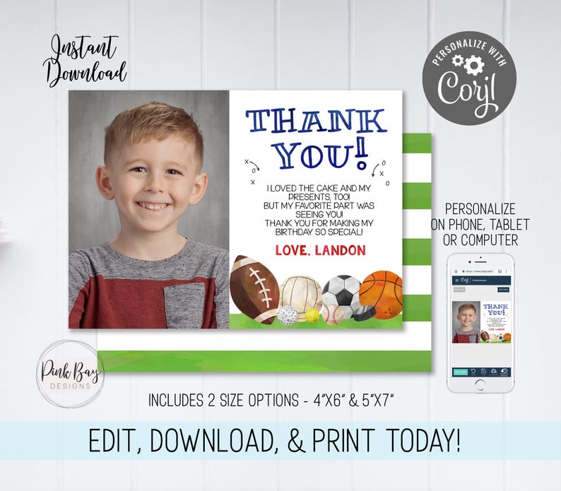 Sports Thank You Card, Editable Thank You Card, Editable Sports Thank You, Sports Thank You Note, Sports Birthday Printable, Football Soccer