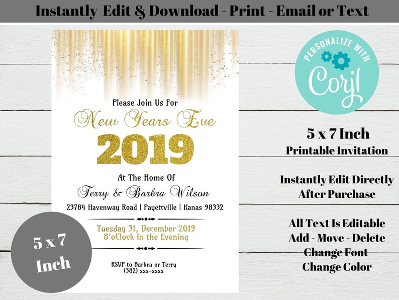New-Years-Eve Party Invitations, New Years Eve Invitation, INSTANT DOWNLOAD, Edit yourself instantly at Corjl.com, No Waiting – EDIT Now!
