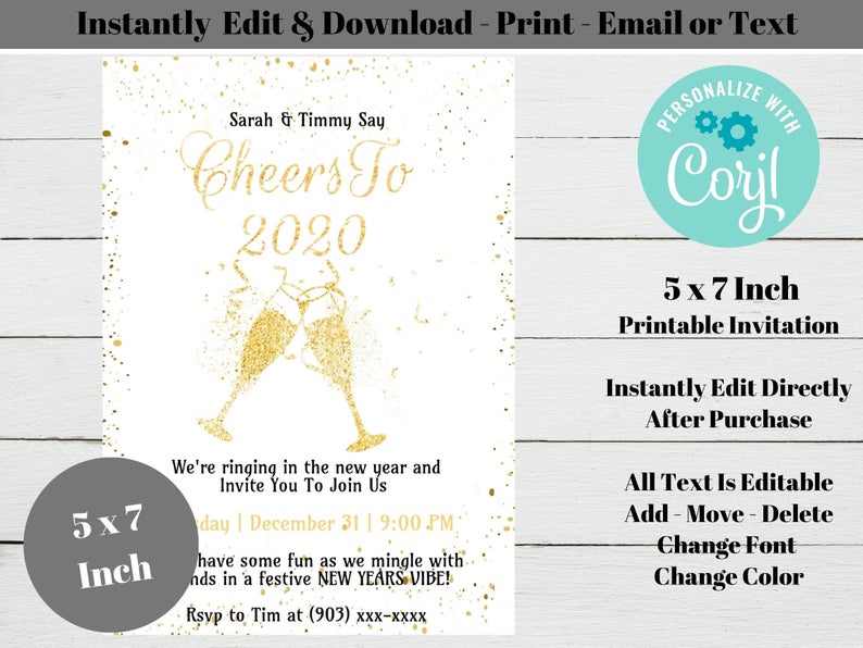 New-Years-Eve Party Invitations, New Years Eve Invitation, INSTANT DOWNLOAD, Edit yourself instantly at Corjl.com, No Waiting – EDIT Now!