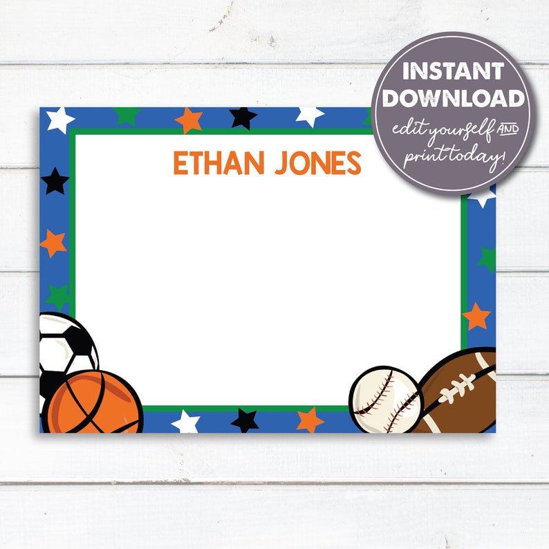 Editable Personalized Note Cards, Stationery for Children, INSTANT DOWNLOAD, Sports Note Card, Easily Edit, Download and Print Today!