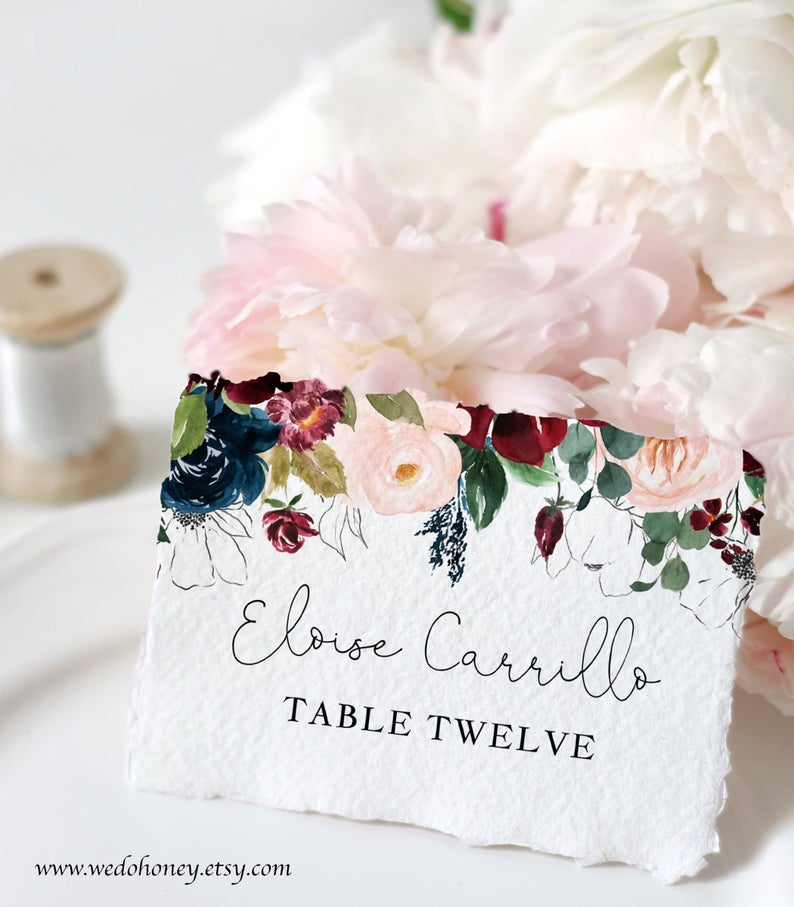 Burgundy Navy Floral Place Cards Names Template, DIY Table, Editable Text with Corjl #080