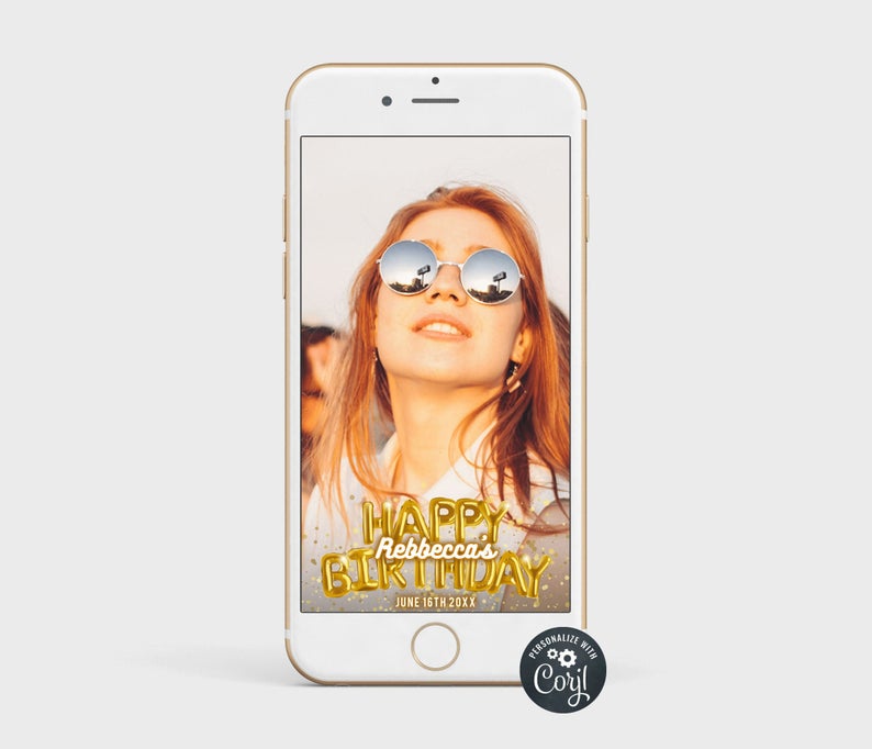Happy Birthday Geofilter, Birthday Celebration, Corjl Template, Snap Chat Filter, Gold Balloons, SMS, Digital Template, Electronic