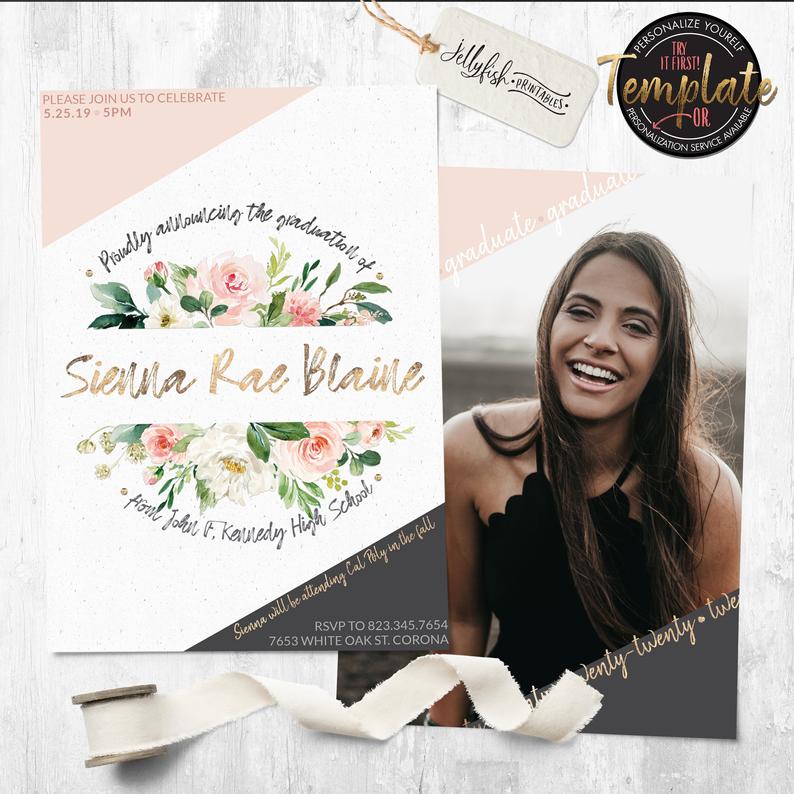 Blush Floral Photo Graduation Invitation | Graduation Party Invite | Graduation Announcement | PRINTABLE | PRINTED | Template | 2020 | Gold
