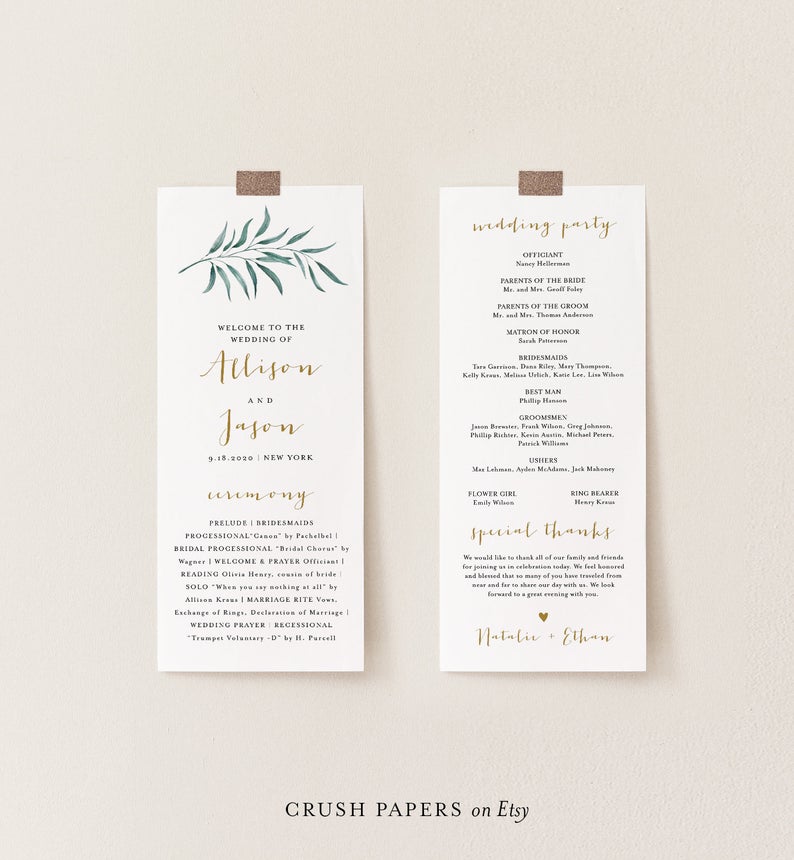 Greenery Wedding Program Template, Printable Elegant and Modern Order of Service, 100% Editable Text, INSTANT DOWNLOAD, Corjl #007-207WP
