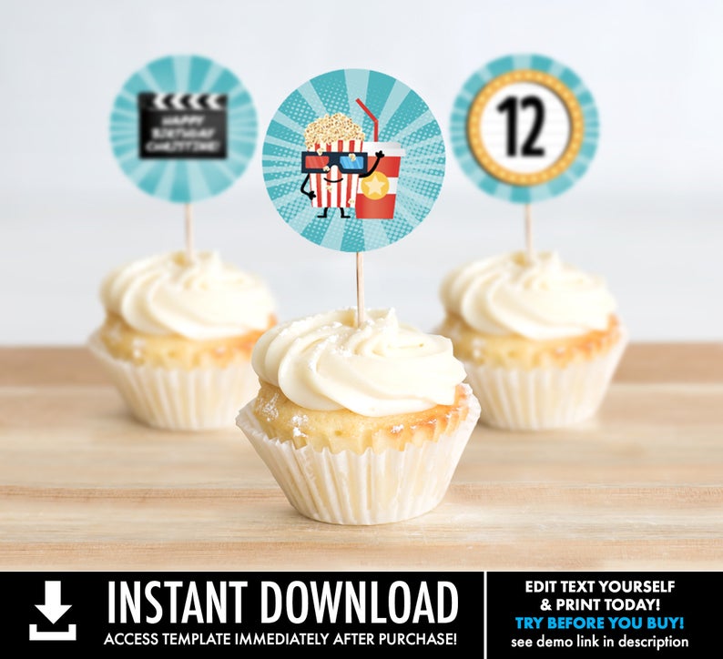 Movie Party Cupcake Toppers – Movie Night Birthday, Circle Toppers | Self-Editing with CORJL – INSTANT DOWNLOAD Printable