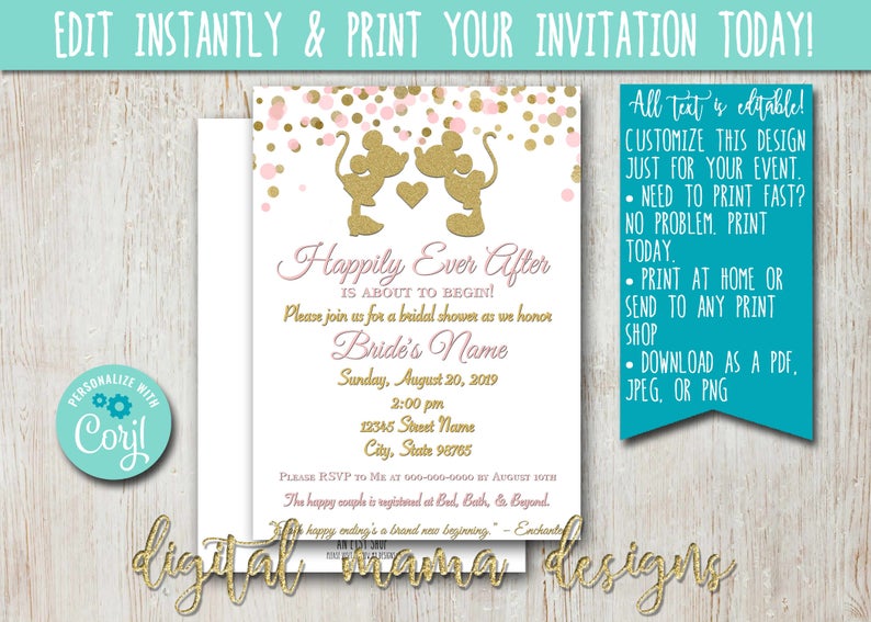 INSTANT ACCESS – Mickey Minnie Bridal Shower Invitation – Minnie Mouse Shower Invitation – Disney Bridal Shower Invite – Customize on Corjl