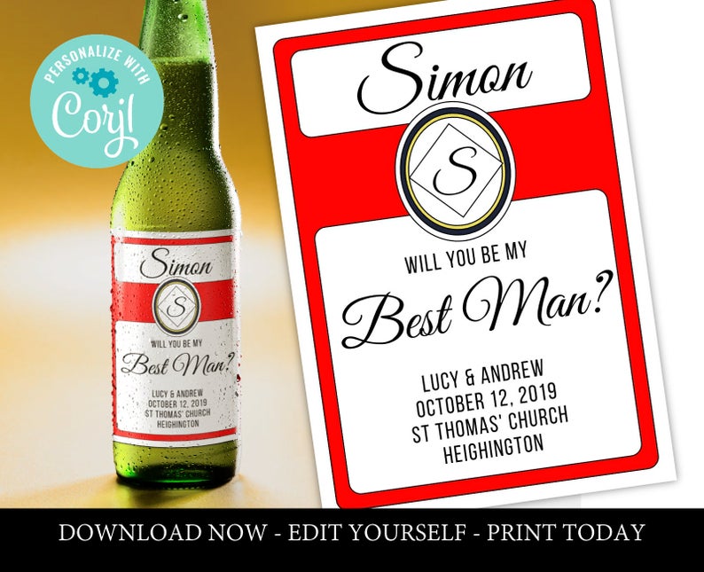 best man beer bottle label template printable usher proposal instant download black white groomsman editable beer label edit with corjl
