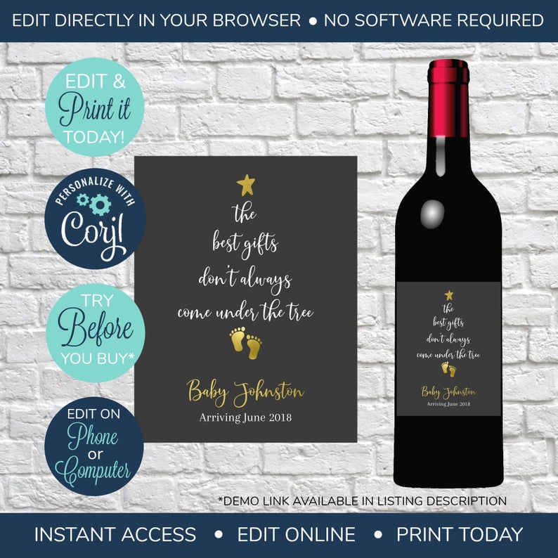 EDITABLE Christmas Pregnancy Announcement Wine Label, Baby Reveal Wine Label, Best Gifts, Wine Bottle Lables, Baby Announcement Wine Label