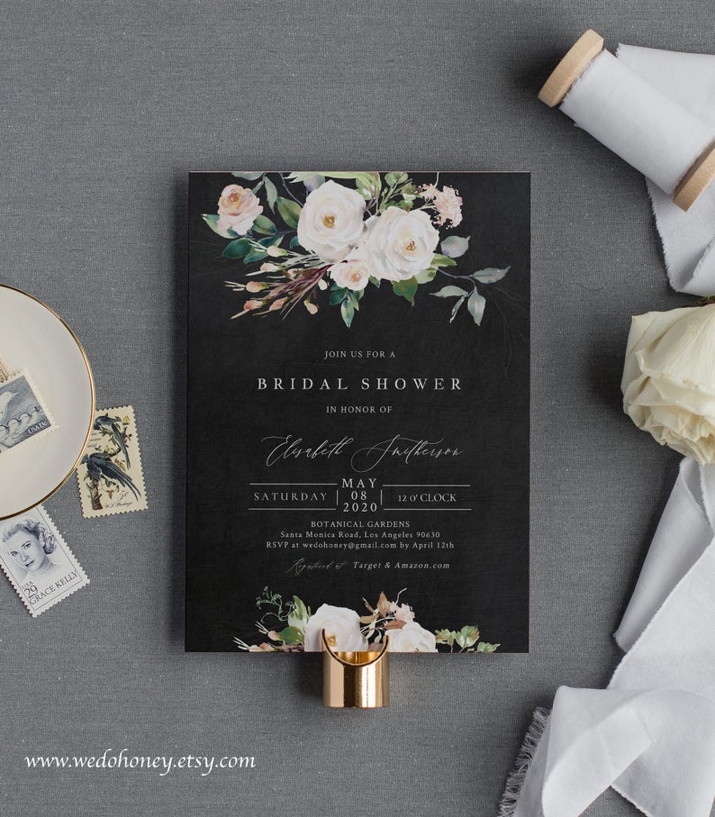 Floral Bridal Shower Invitation Template, Chalkboard Wedding Shower Invite, Fully Editable Text with Corjl