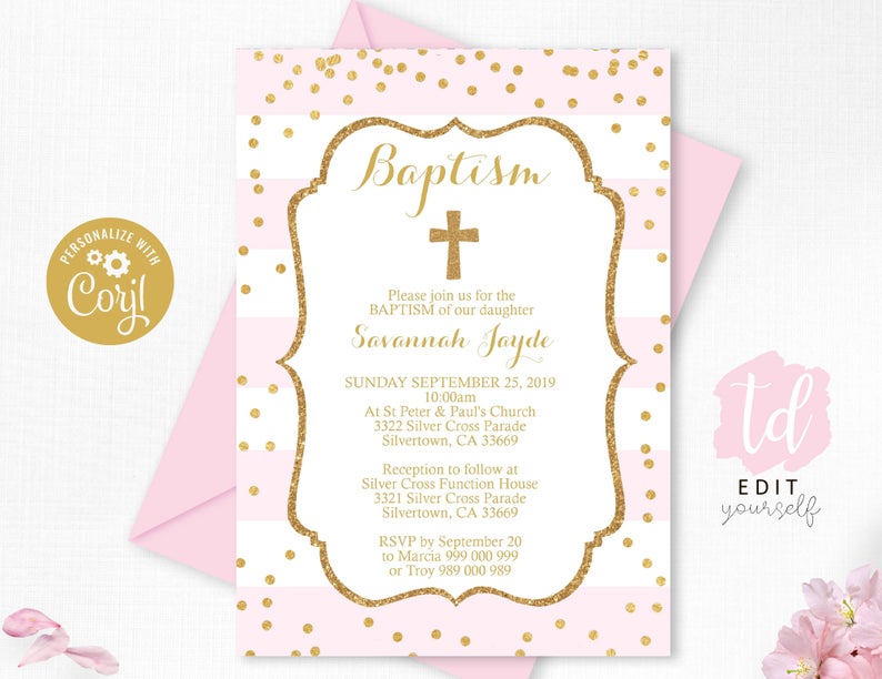 Baby Pink Baptism Invitation Instant Download Girl Baptism Invitation Pink and Gold Baptism invitation Baptism invitations Pink Gold Corjl