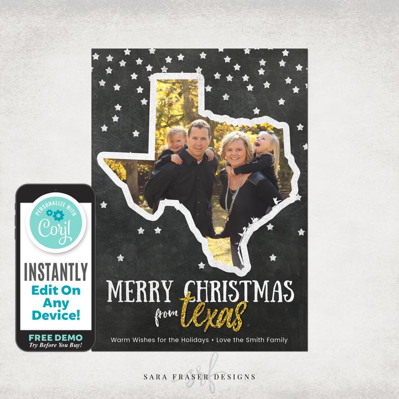 Texas TX – Christmas Card State Chalkboard Chalk Holiday Photo Greeting DIY Templett – 4×6, 5×7 – Instant Download