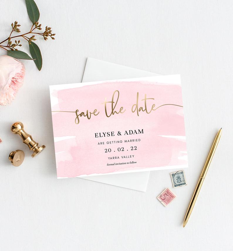 Save The Date – Gold Foil – Pink Watercolour – Wedding Date Saver – Printable Editable Template – Instant Download