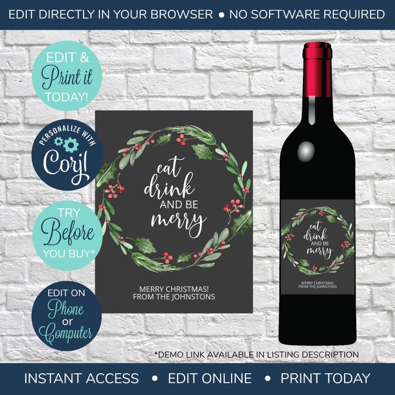 EDITABLE Christmas Wine Label, Eat Drink and Be Merry, Printable Wine Bottle Lables, Christmas Gift Wine Label, Holiday Card Alternative