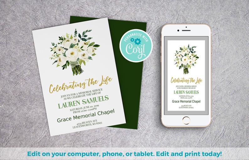 Funeral Invitation | Funeral Announcement Template, Celebration of Life, Memorial Invitation, Mobile Invitation, Corjl Invitation