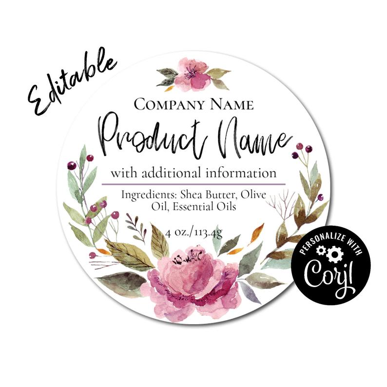 Floral Watercolor Wreath Round Label. Edit Customizable Packaging Personalize w/ Corjl Online. Download & Print for Jars Candles Soap Favors