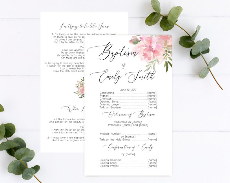 Editable LDS Baptism Program Template, Printable Baptism Program, LDS girl baptism, lds baptism, DIY, Editable Template Floral, Corjl, PK01