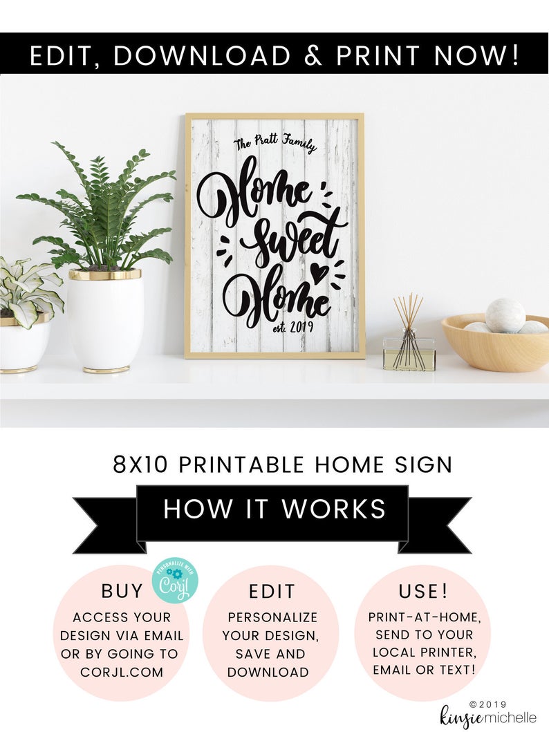 EDITABLE 8 x 10 Home Sweet Home Sign, Printable Home Decor Sign, Instant Download Corjl Self Edit Template for New Home, Newlyweds